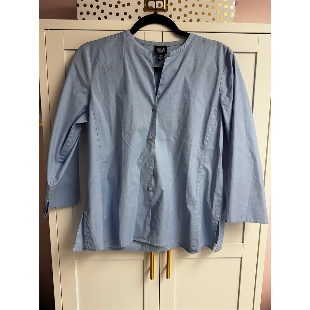 Eileen Fisher Tunic Blouse Womens Petite M Light Blue Henley Long Sleeve